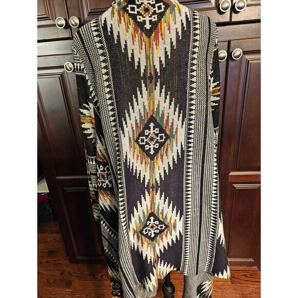 Ruff Hewn Cardigan Womens 1X Black White Aztec Open Front Waterfall Hem - Picture 5 of 8